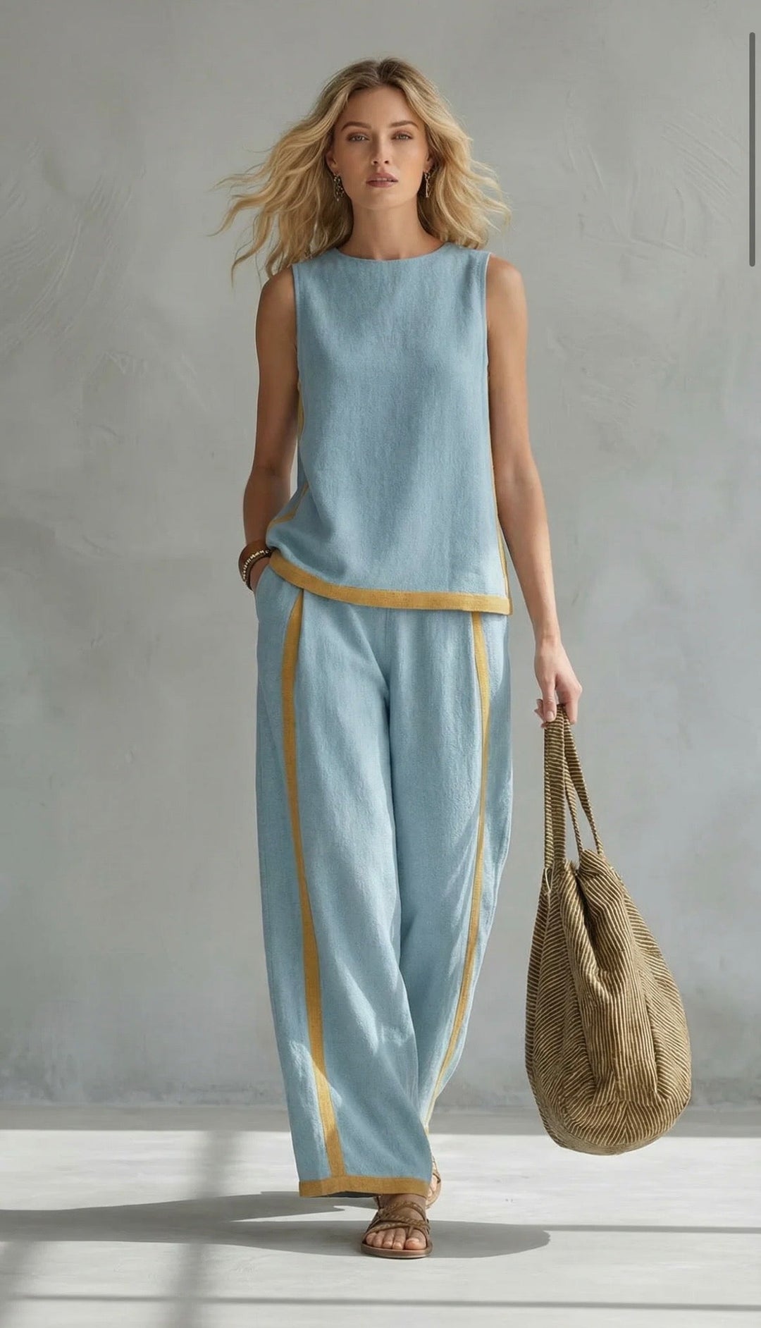 Leila - Chic Gray Cotton and Linen Vest and Pants Set with Contrasting Trim