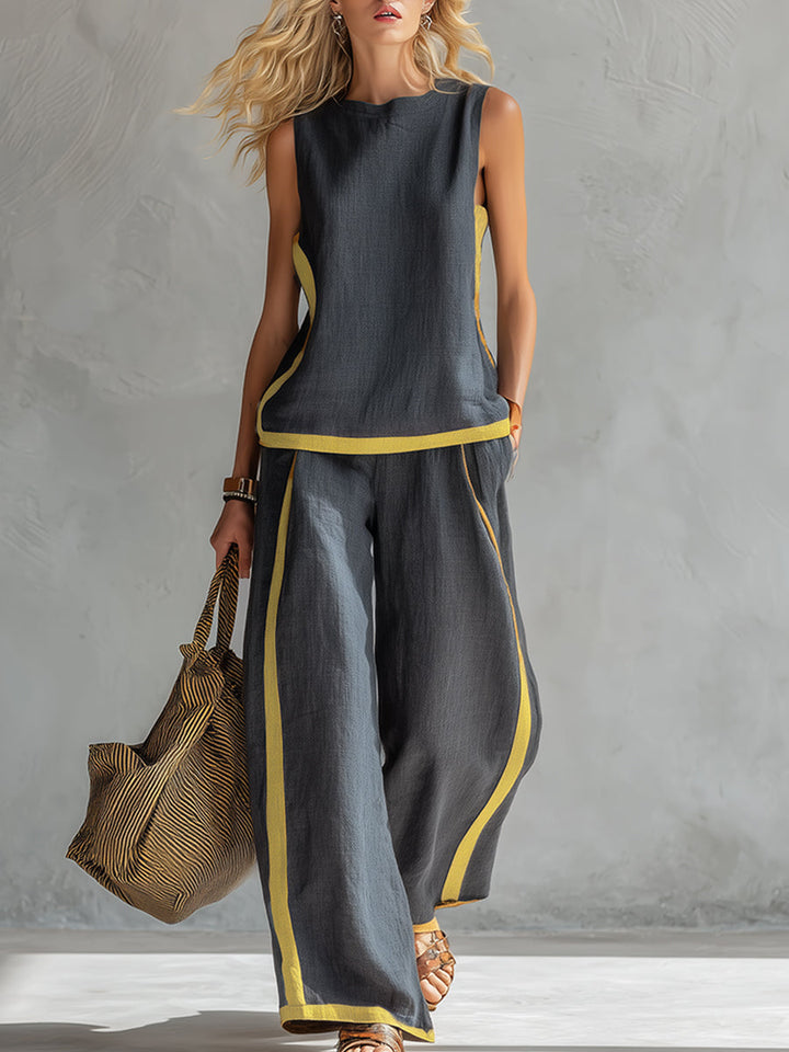 Leila - Chic Gray Cotton and Linen Vest and Pants Set with Contrasting Trim