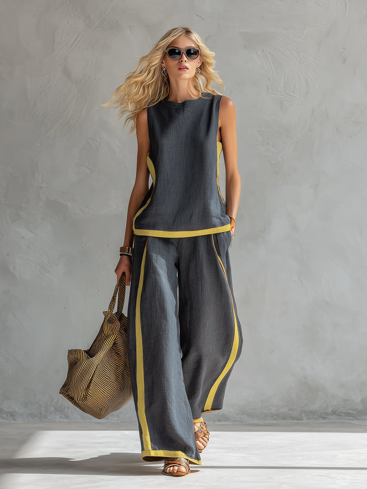 Leila - Chic Gray Cotton and Linen Vest and Pants Set with Contrasting Trim