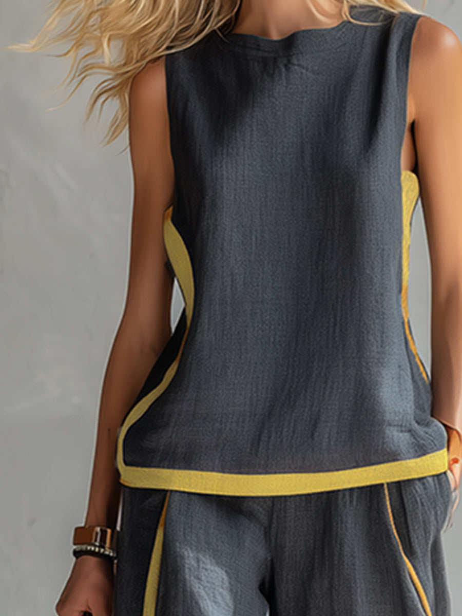 Leila - Chic Gray Cotton and Linen Vest and Pants Set with Contrasting Trim