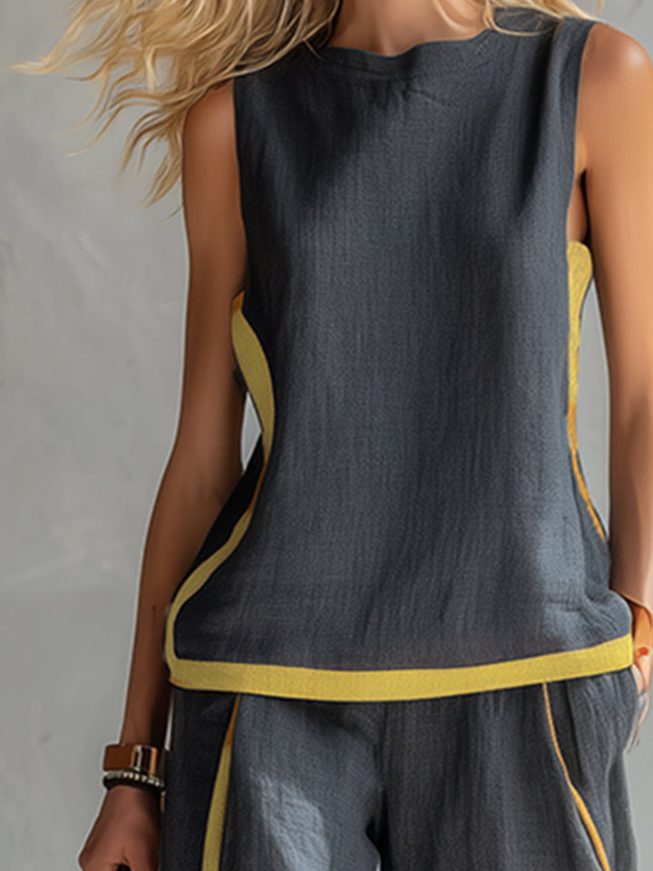 Leila - Chic Gray Cotton and Linen Vest and Pants Set with Contrasting Trim