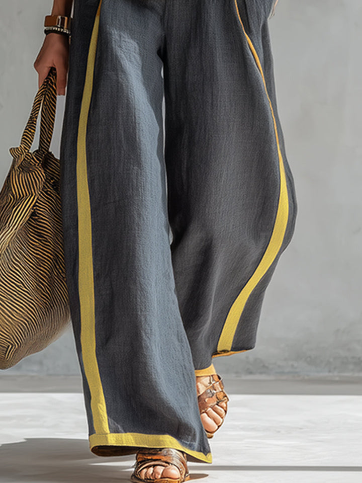 Leila - Chic Gray Cotton and Linen Vest and Pants Set with Contrasting Trim