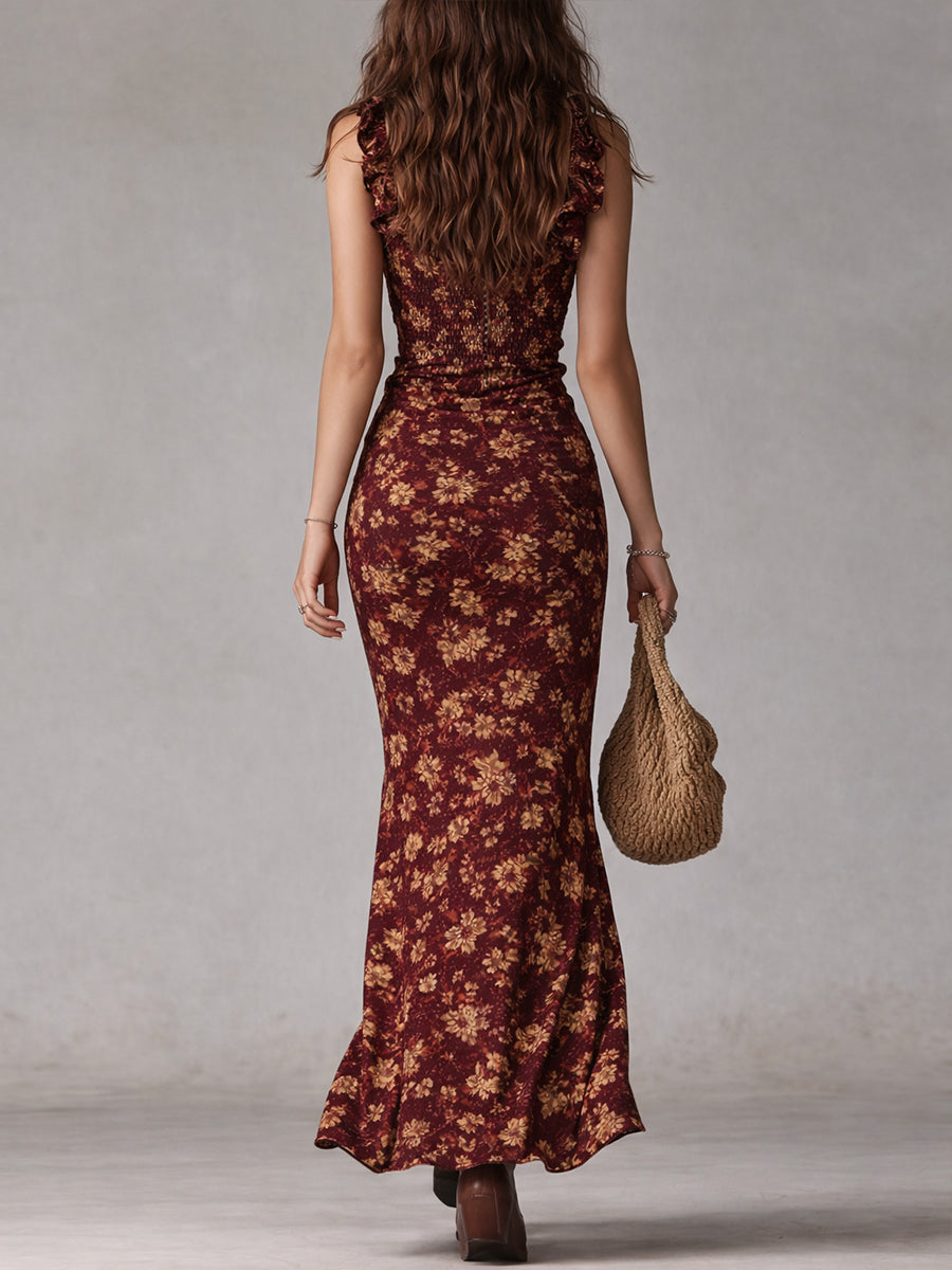 Maya | Vestido Maxi Boho Retro con Mangas Rizadas y Abertura Alta