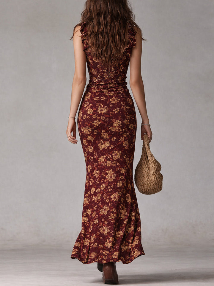 Maya | Vestido Maxi Boho Retro con Mangas Rizadas y Abertura Alta