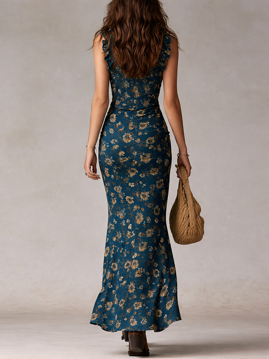 Maya | Vestido Maxi Boho Retro con Mangas Rizadas y Abertura Alta