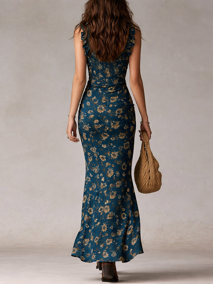 Maya | Vestido Maxi Boho Retro con Mangas Rizadas y Abertura Alta