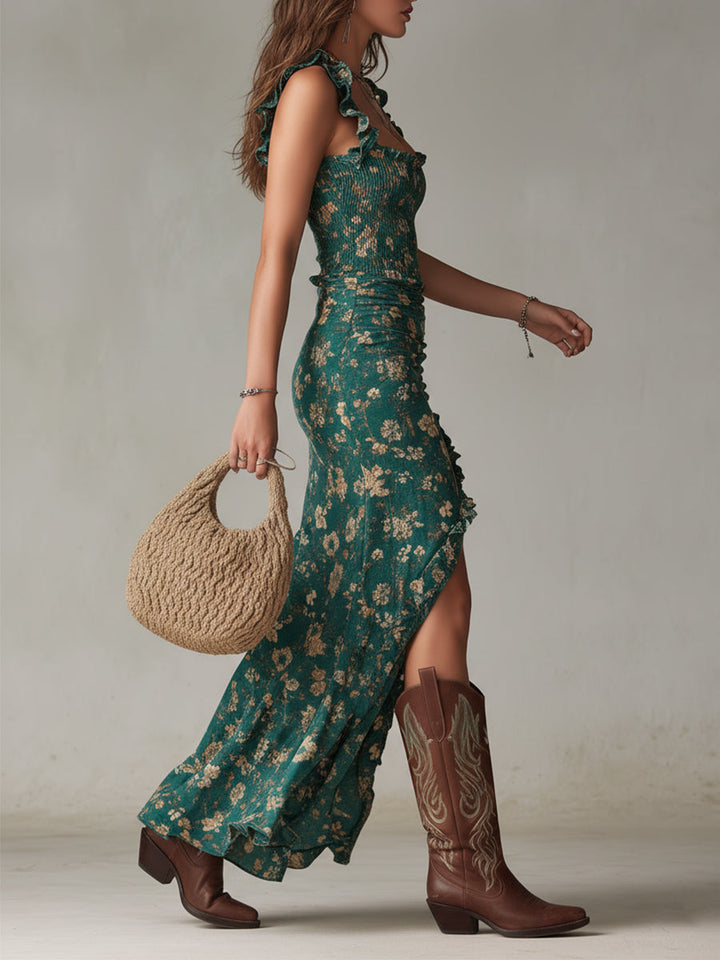 Maya | Vestido Maxi Boho Retro con Mangas Rizadas y Abertura Alta