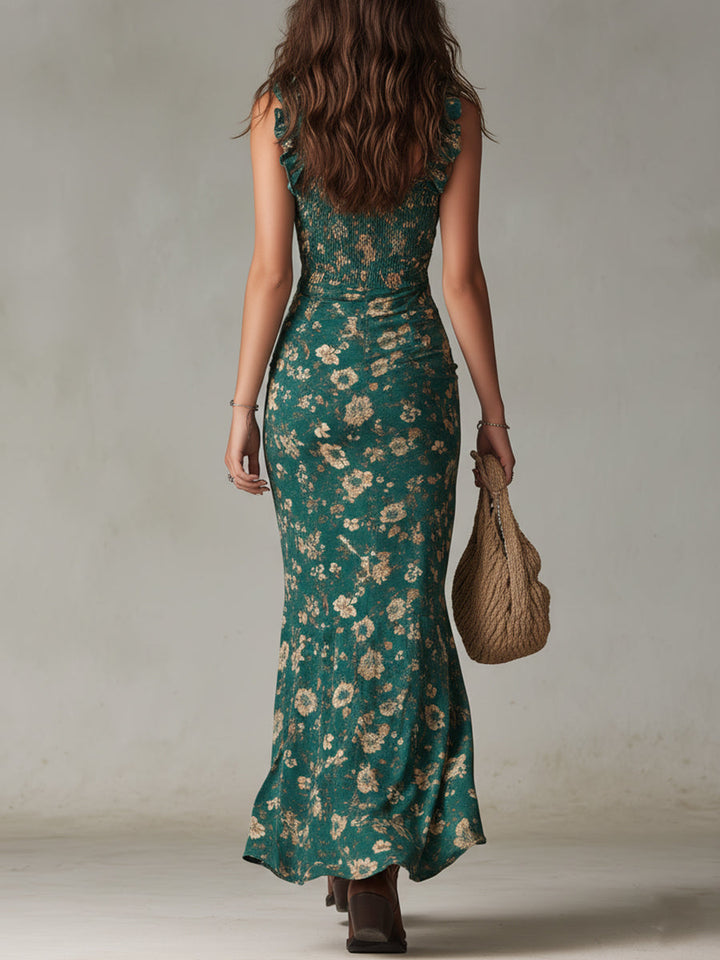 Maya | Vestido Maxi Boho Retro con Mangas Rizadas y Abertura Alta