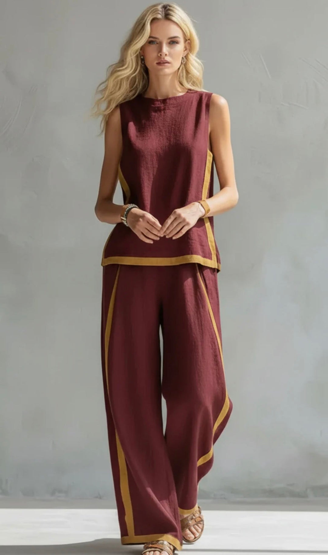Leila - Chic Gray Cotton and Linen Vest and Pants Set with Contrasting Trim