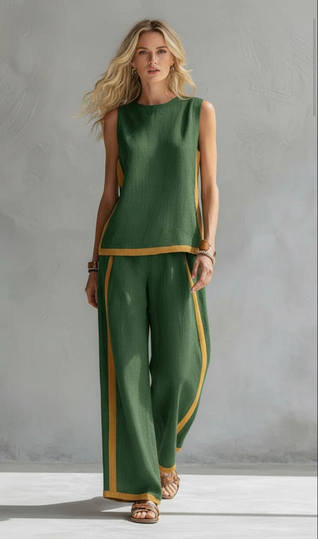 Leila - Chic Gray Cotton and Linen Vest and Pants Set with Contrasting Trim