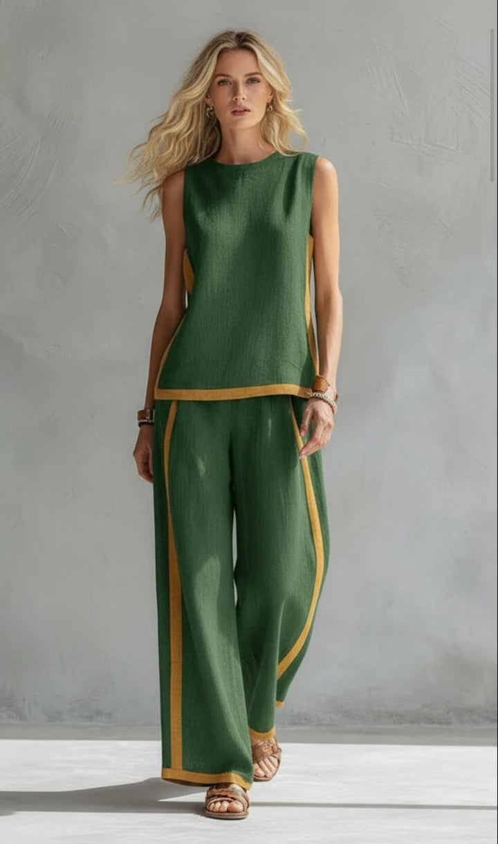Leila - Chic Gray Cotton and Linen Vest and Pants Set with Contrasting Trim