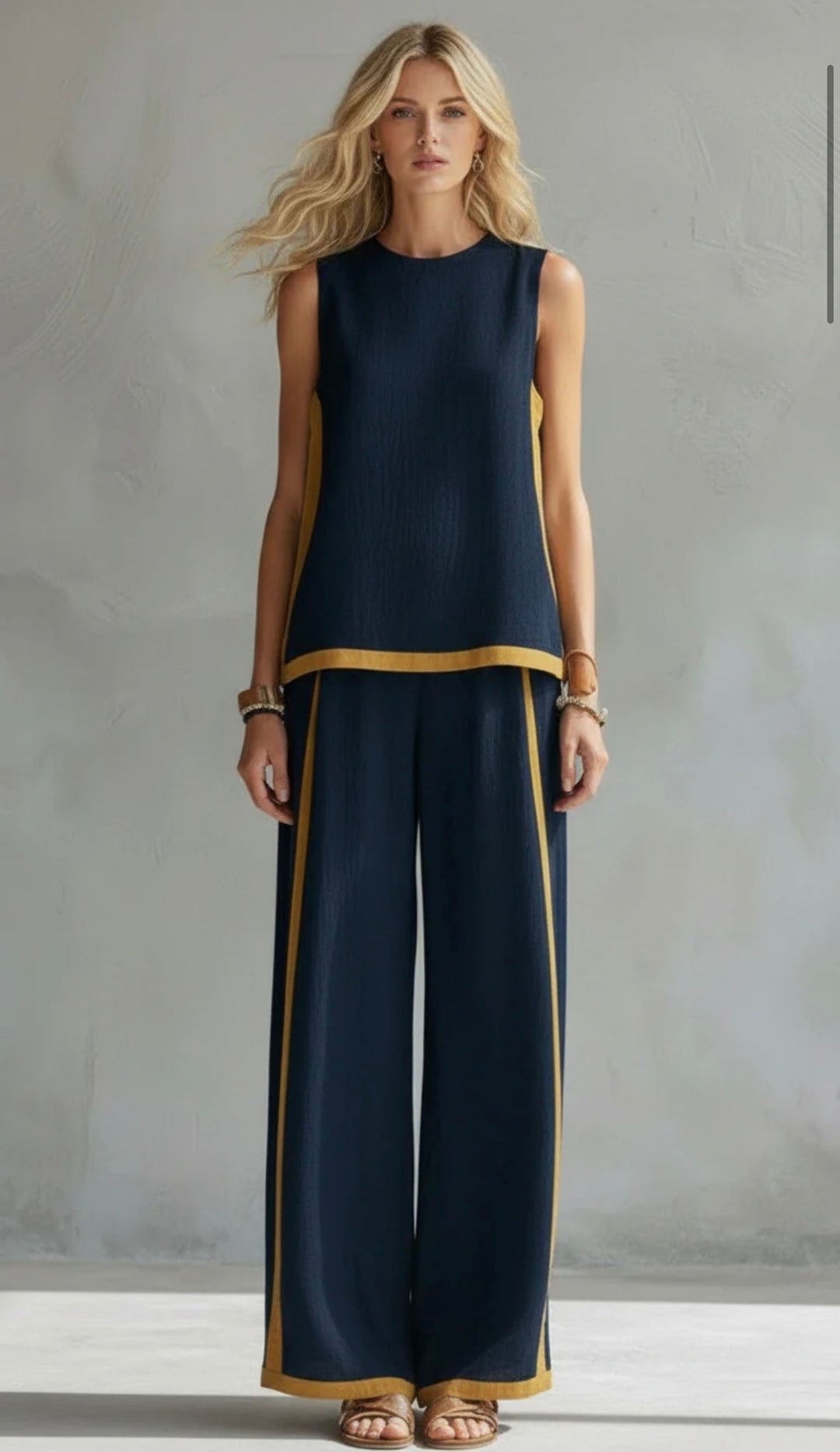 Leila - Chic Gray Cotton and Linen Vest and Pants Set with Contrasting Trim