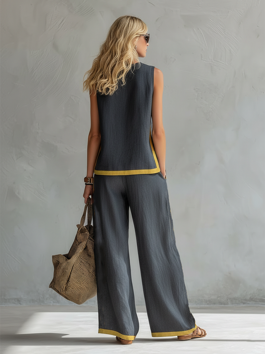 Leila - Chic Gray Cotton and Linen Vest and Pants Set with Contrasting Trim