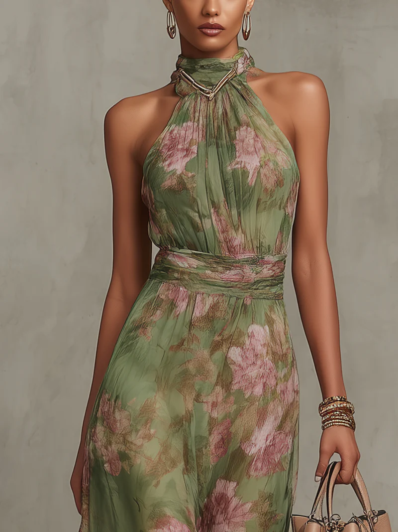 Jazina | Vestido Maxi Verde de Chiffon con Cuello Halter