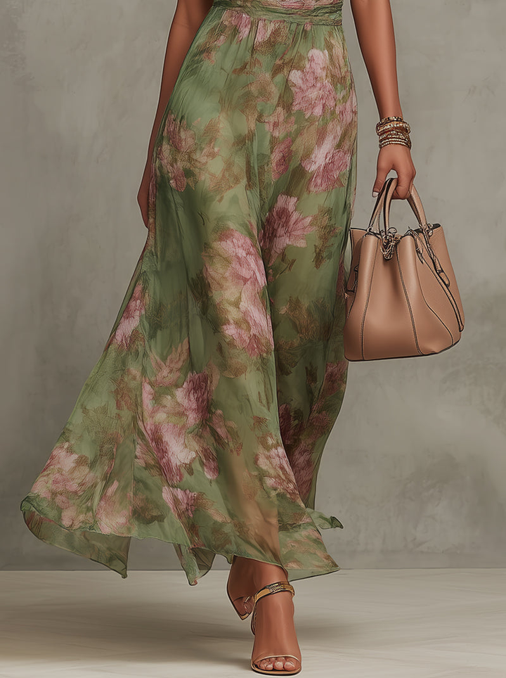 Jazina | Vestido Maxi Verde de Chiffon con Cuello Halter