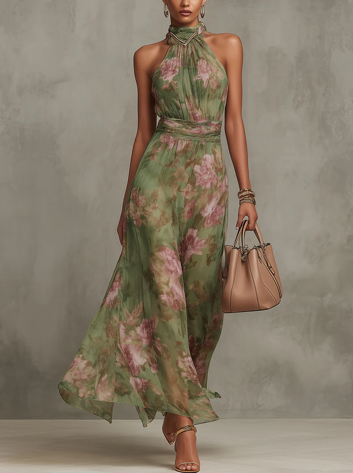 Jazina | Vestido Maxi Verde de Chiffon con Cuello Halter