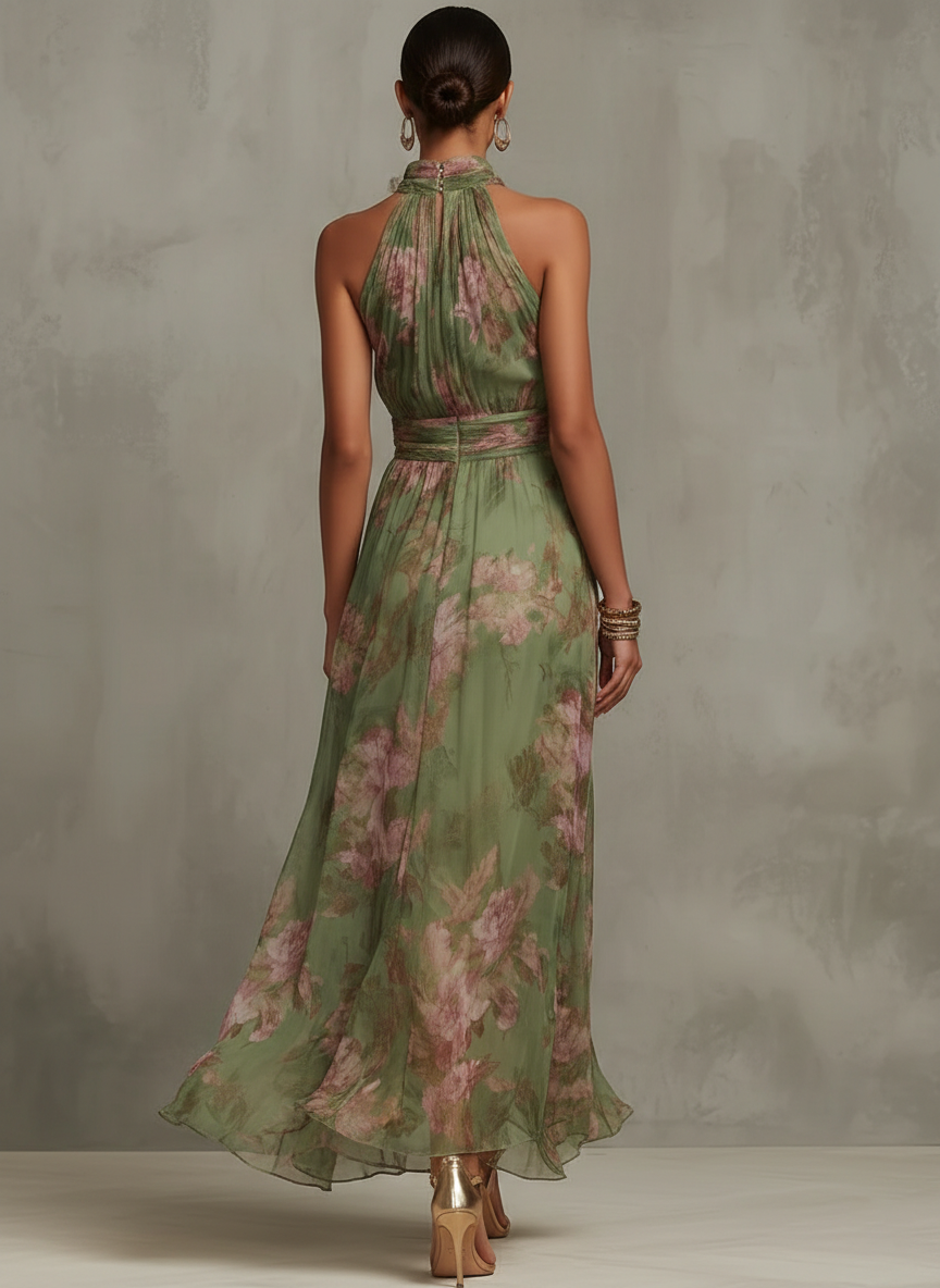 Jazina | Vestido Maxi Verde de Chiffon con Cuello Halter